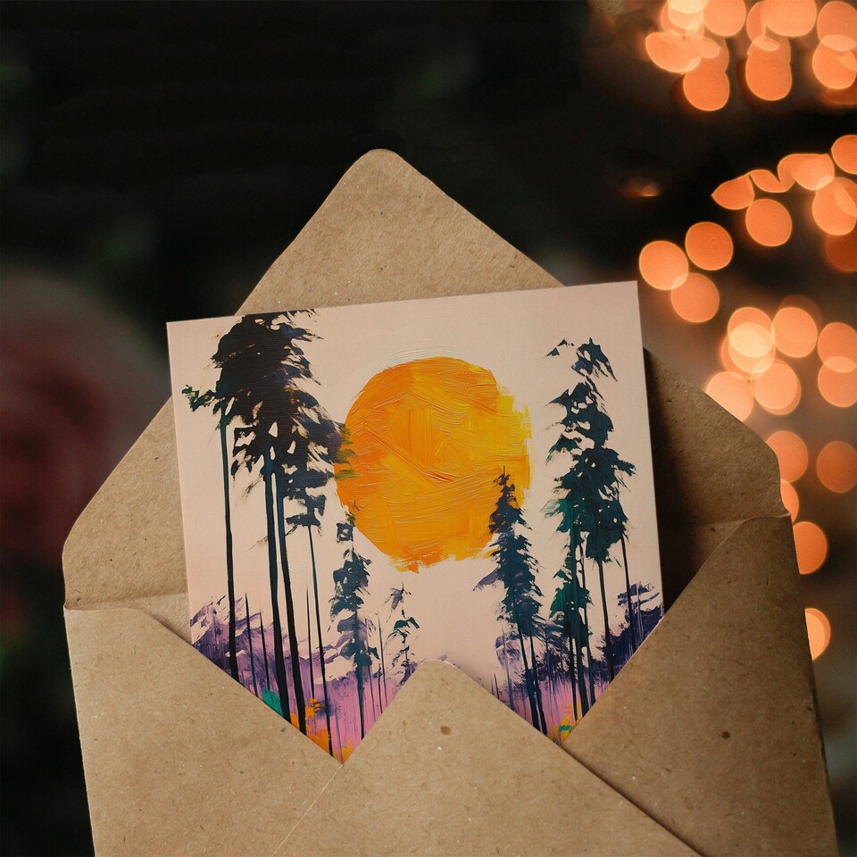 image 1 of Sunrise Joy Abstract Forest Landscape Painting Birthday Greeting Card
