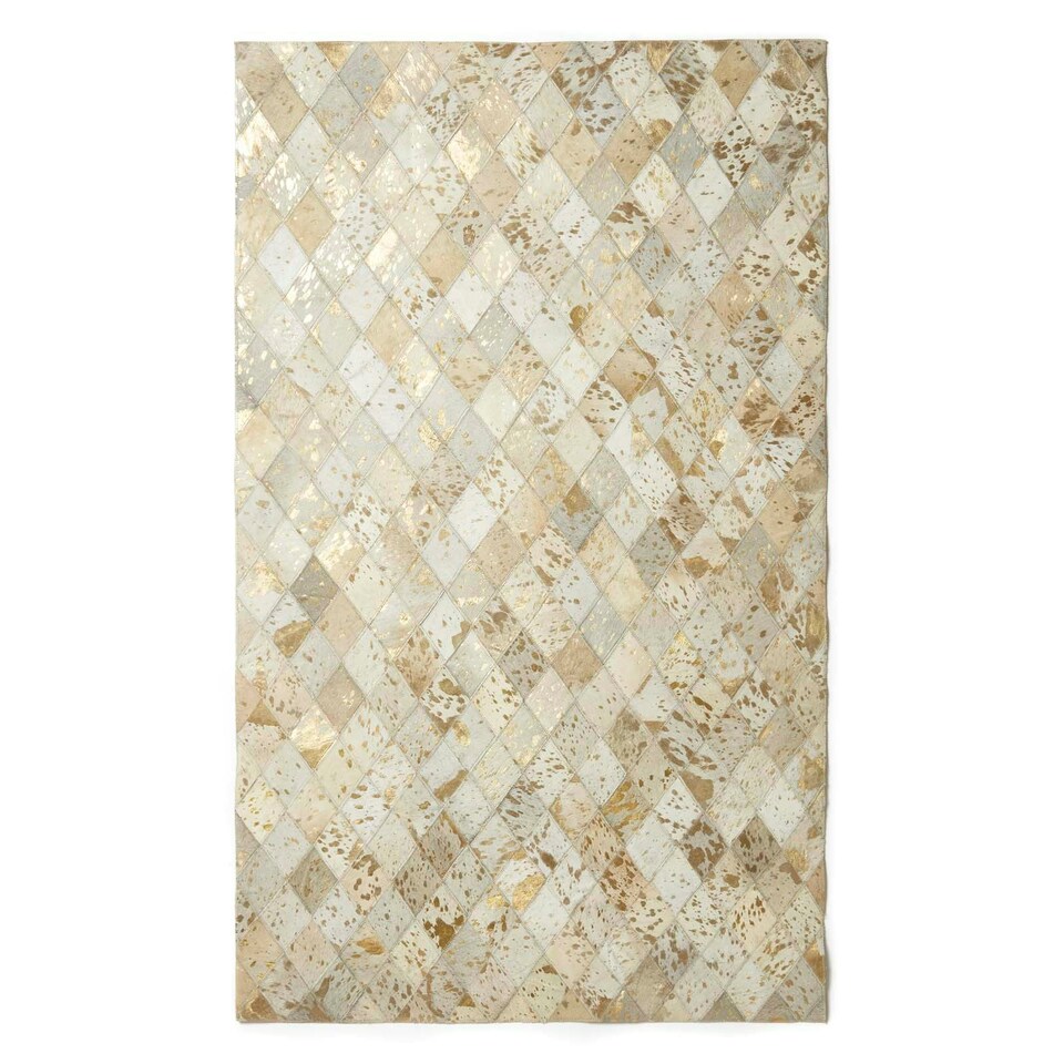 image 1 of Homescapes Gold and Grey Geometric Diamond Leather Rug - 90 x 150 cm