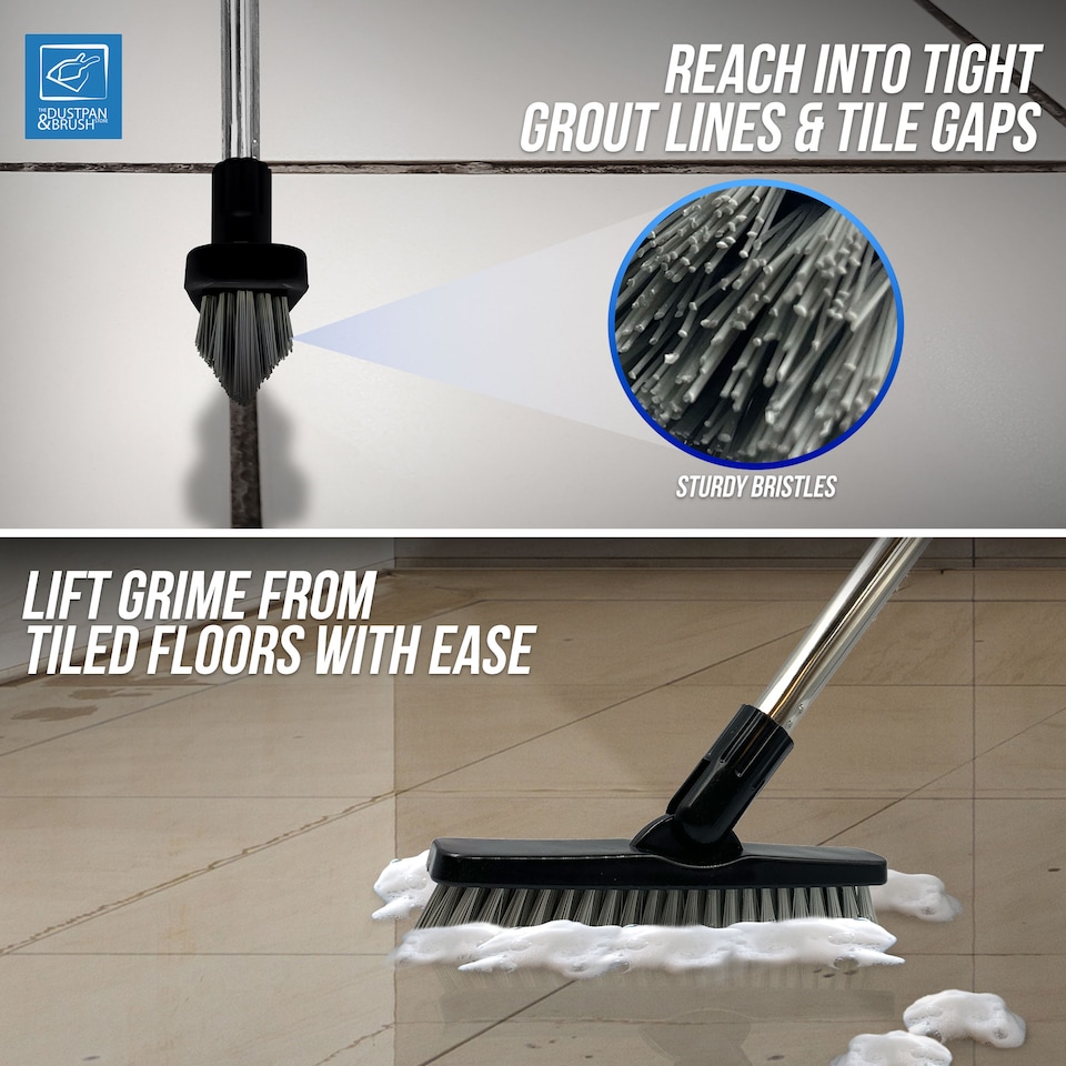 image 1 of Colour-Coded Angled Grout Brush with Handle 180° Swivel Tile & Corner Scrubber