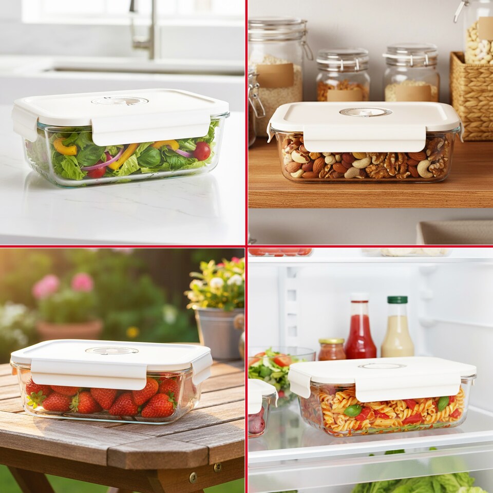 image 1 of SPARES2GO Vacuum Food Storage Glass Container with Securing Clips Lid + Manual Sealing Pump (Large, 1480ml)