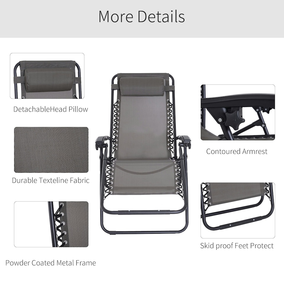 image 1 of Outsunny Zero Gravity Chair, Reclining Lounger w/ Pillow Grey