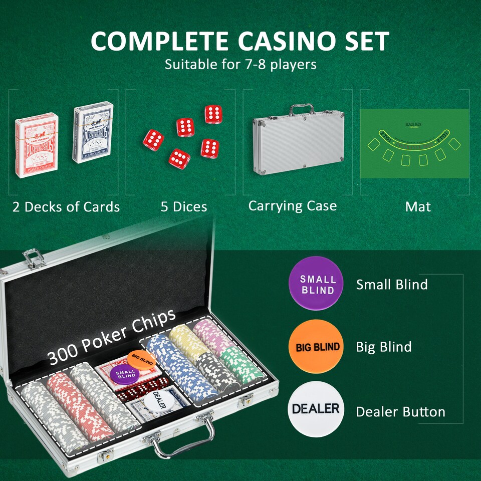 image 1 of SPORTNOW 300-Piece Poker Chips Set with Aluminium Case, Holdem Poker Set with Mat, 11.5g Numbered Poker Chips, Two Decks of Cards, Dealer, Five Dices