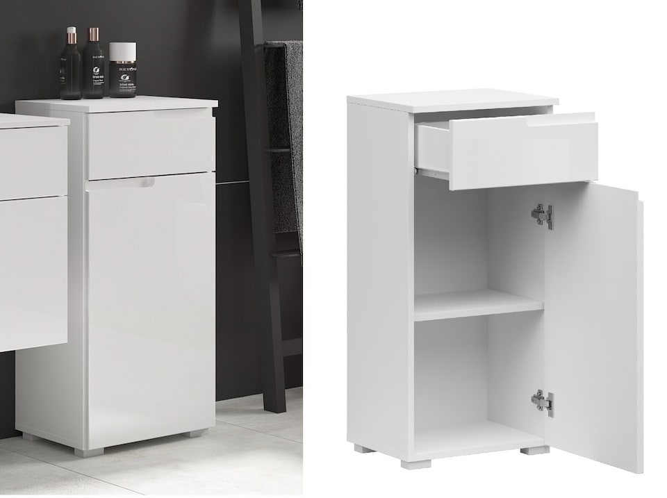 image 1 of White Bathroom Cabinet Freestanding Storage Unit with Drawer White Gloss Slim Narrow 400mm Floor Unit Spice