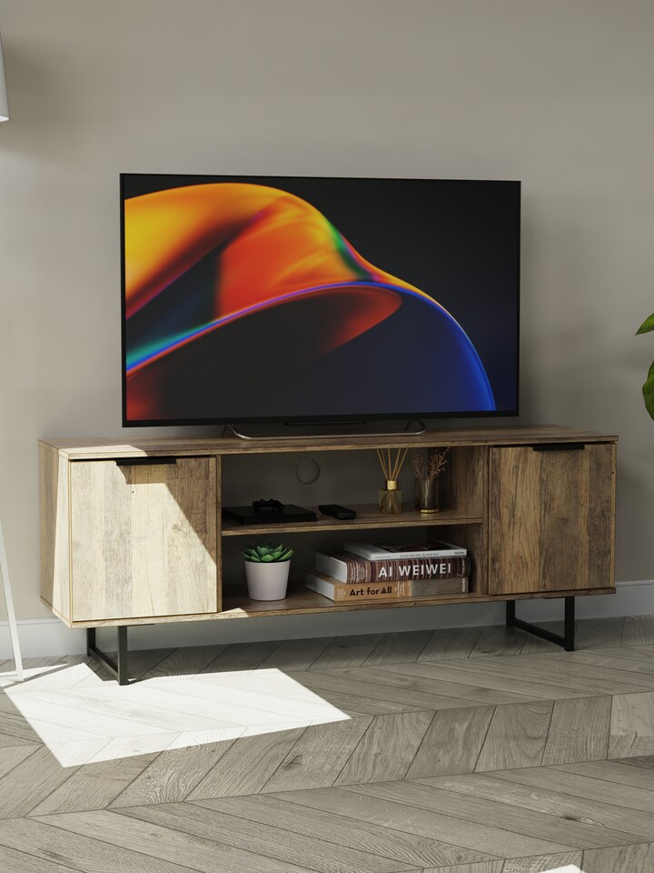 image 1 of Beijing 2 Door 1 Drawer Wide TV Unit in Vintage Oak (Ready Assembled) | Brown | Vintage Oak