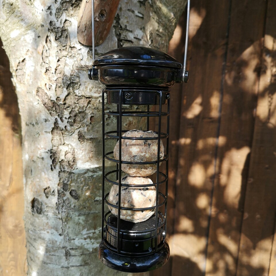 image 1 of Tom Chambers Heavy Duty Flick and Click Garden Wild Bird Hanging Black Metal Fat Ball Feeder