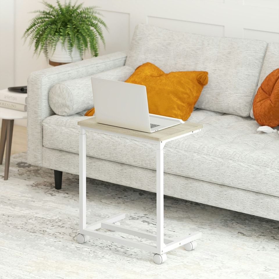 image 1 of HOMCOM C-Shaped Sofa Side Table, Height Adjustable Overbed Table, Oak | Brown | White | Adjustable height 62.5-82.5 cm | 1