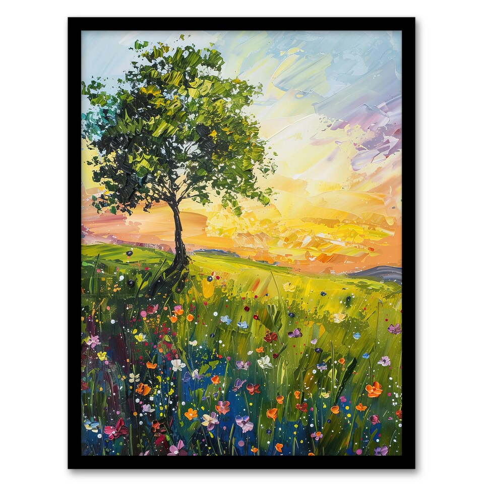 image 1 of Tree Wildflower Meadow At Sunrise Oil Living Room Black Framed Wall Art Print A4