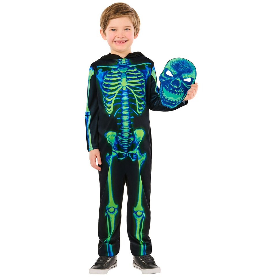 image 1 of Bristol Novelty Childrens/Kids Skeleton Neon Costume - Black/Green - 3-4 Years 3