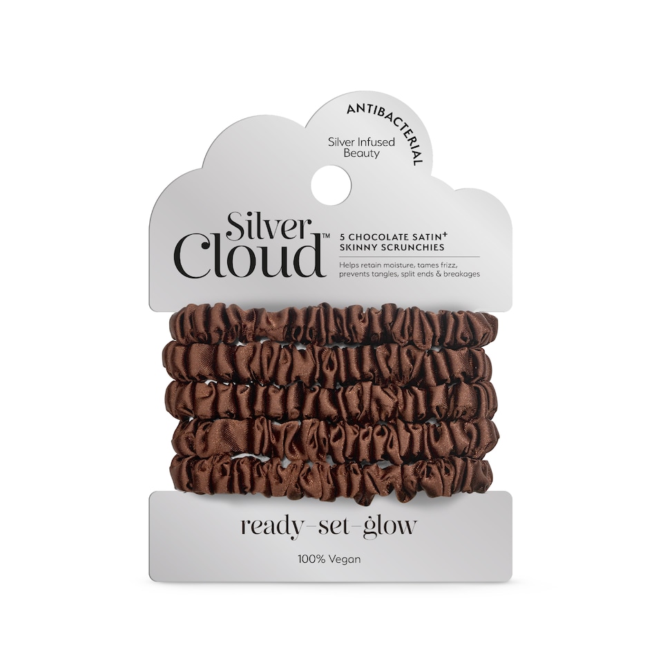 image 1 of Silver Cloud Silver Ion Infused Satin Skinny Scrunchies Chocolate 5 Pack