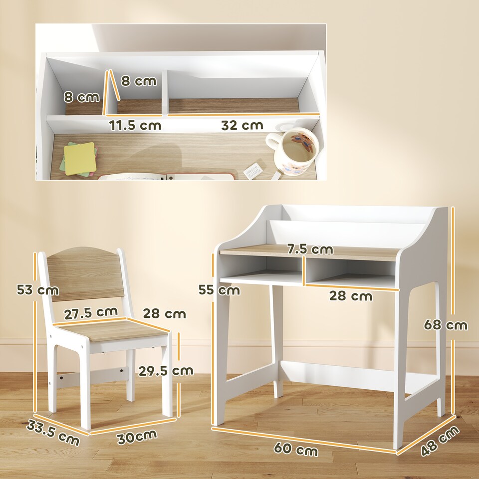 image 1 of AIYAPLAY Kids Desk and Chair Set, Children Study Table with Storage, Natural