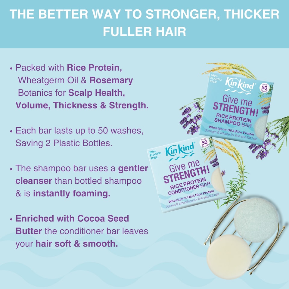 image 1 of KinKind Give me STRENGTH Rice Water Protein Solid Shampoo Bar and Conditioner Bar Set. For Hair Growth, Menopause, Thickening & Volume