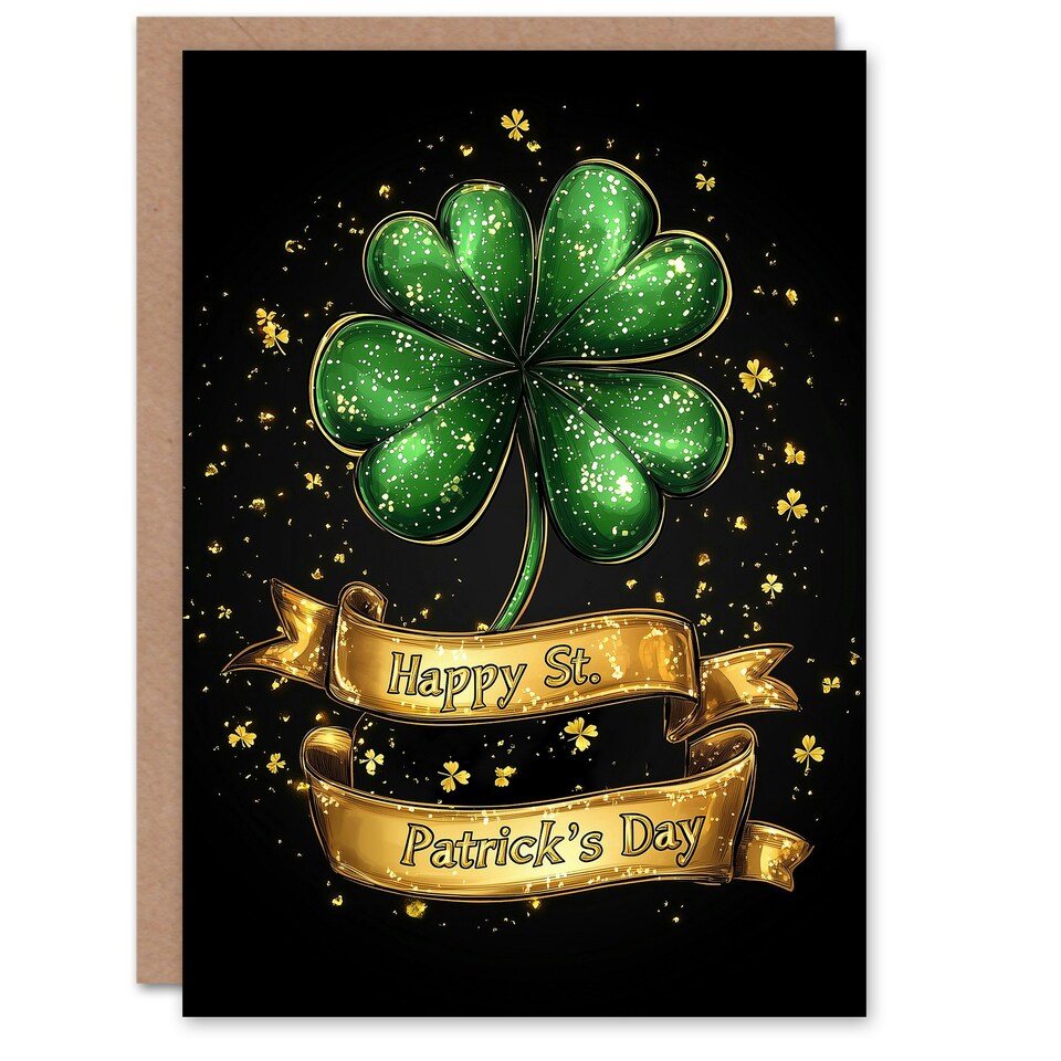 image 1 of St. Patrick's Day Card Golden Four Leaf Clover Blank Greeting Card
