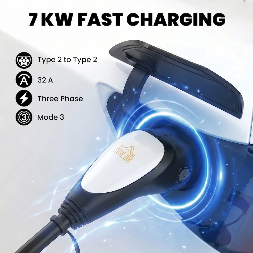 image 1 of HOMCOM Type 2 EV Charging Cable, 7kW, 32A, Mode 3, 1-Phase, 10m