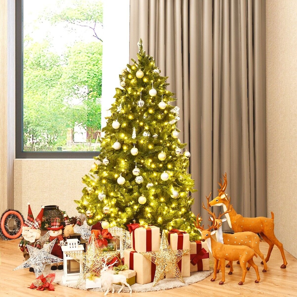 image 1 of COSTWAY 5FT Pre-Lit Artificial Christmas Tree with LED Lights & 8 Lighting Modes Green