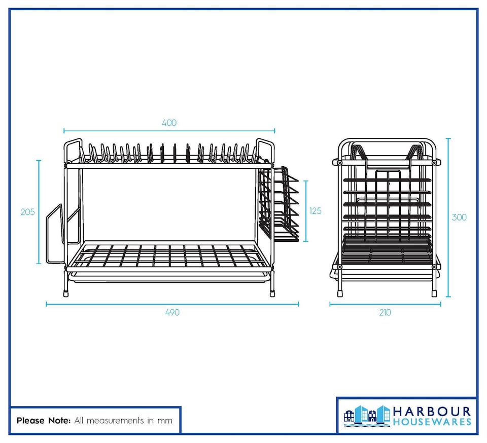 image 1 of Harbour Housewares Metal Kitchen Dish Drainer Rack 2-Tier Cutlery Holder Bowl Plate Drying Rack with Drip Tray