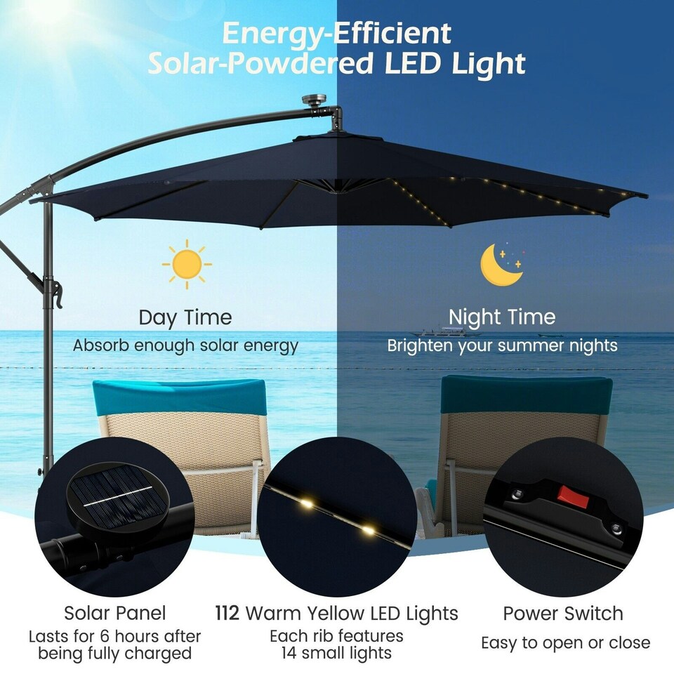 image 1 of COSTWAY 303 cm Patio Parasol Solar LED Cantilever Offset Umbrella Blue