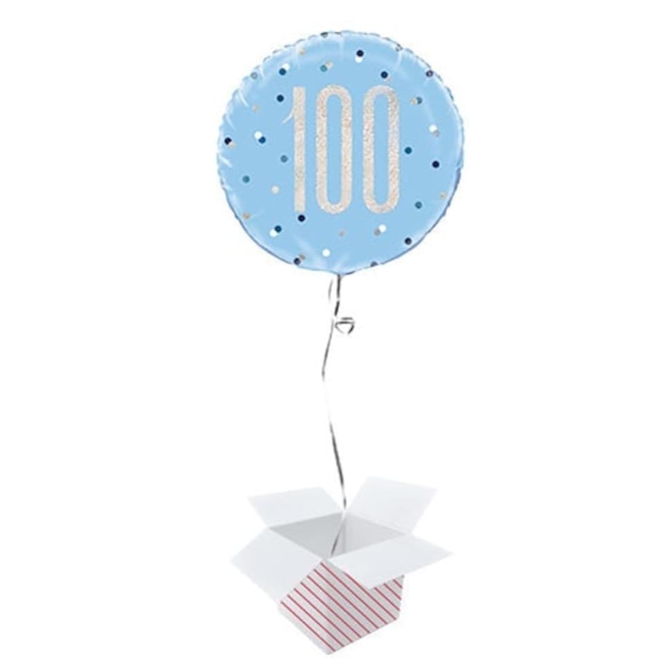 Blue Glitz Age 100 Holographic Round Foil Helium Balloon - Inflated Balloon in a Box