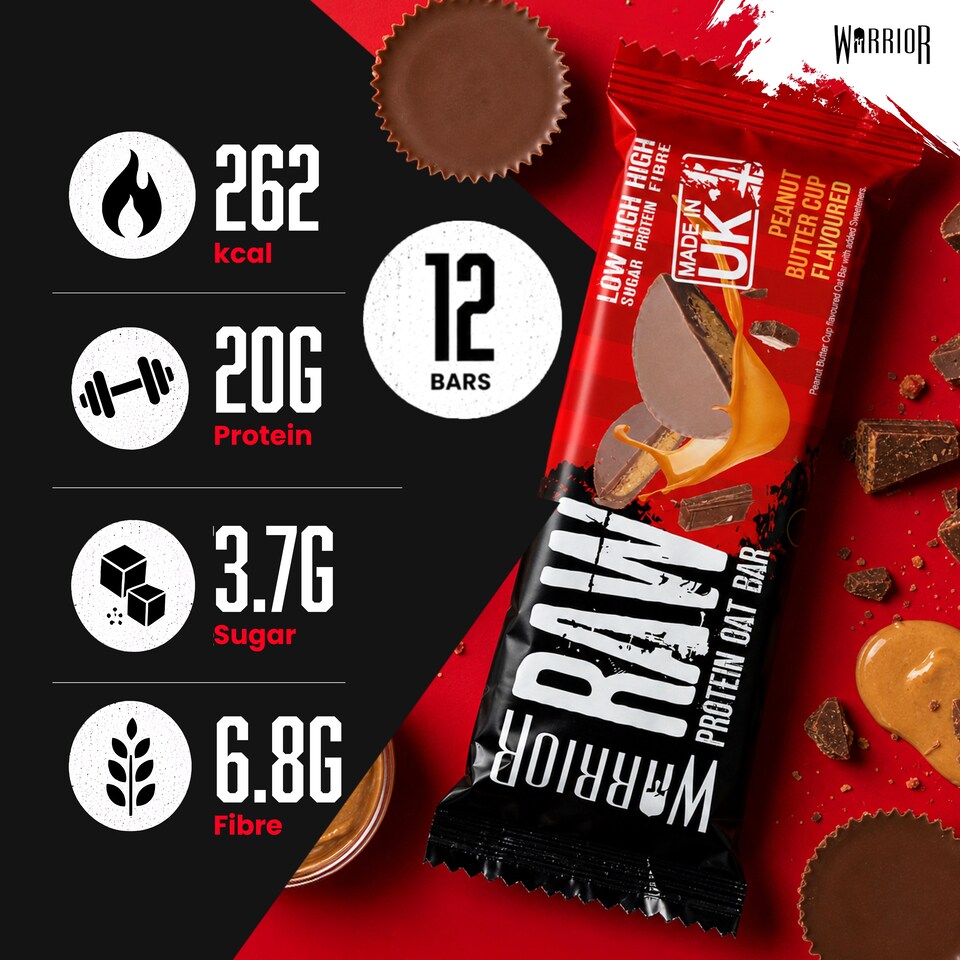 image 1 of Warrior RAW Protein Bars 12 x 75g – 20g High Protein Bar, Low Sugar High Fibre Oat Protein Flapjack – Protein Snacks, Meal Replacement Bars (Peanut Butter Cup)