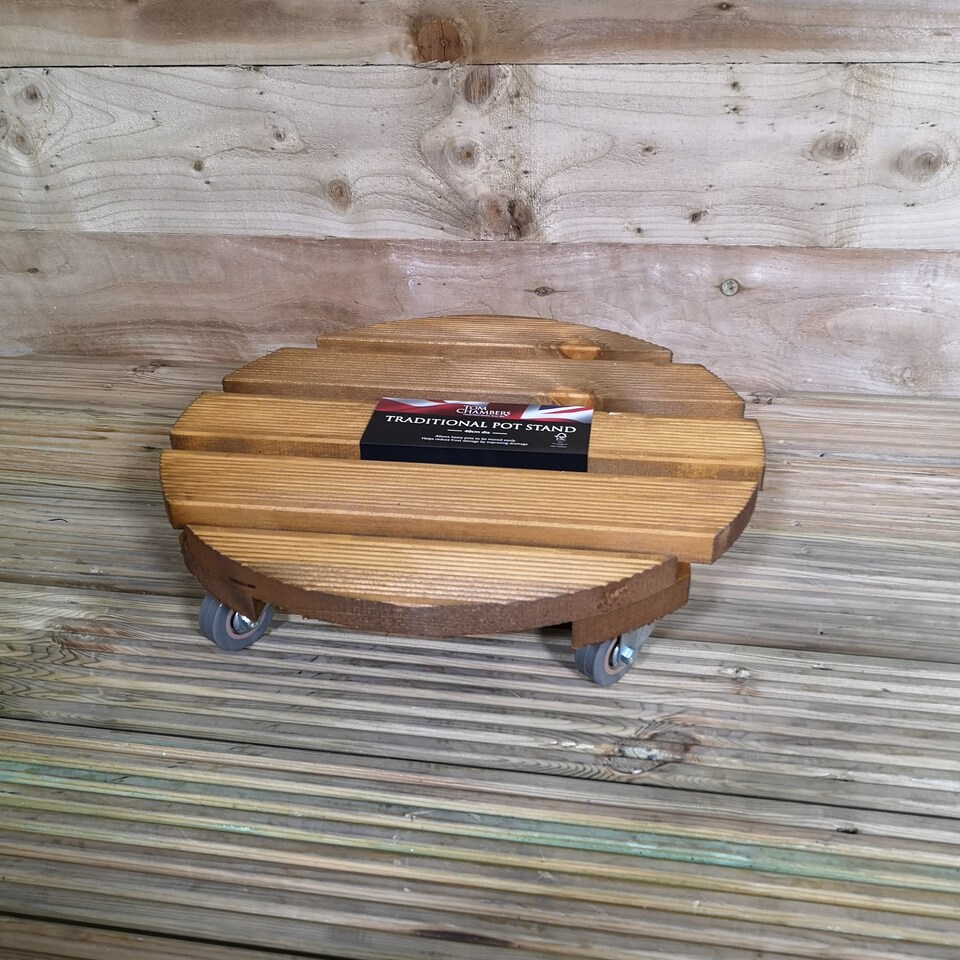 image 1 of Tom Chambers Handcrafted Heavy Duty Round Traditional Wood Garden Patio Plant Flower Pot Stand Caddy Trolley Dolly on Strong Metal Castor Wheels 30cm | Brown | Brown