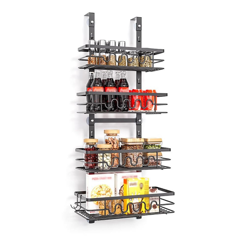 image 1 of London Boutique 4-Tier Black Over the Door Organizer for Bathroom & Kitchen Adjustable Multi-Tier Storage Shelf (W)32cm (D)15cm