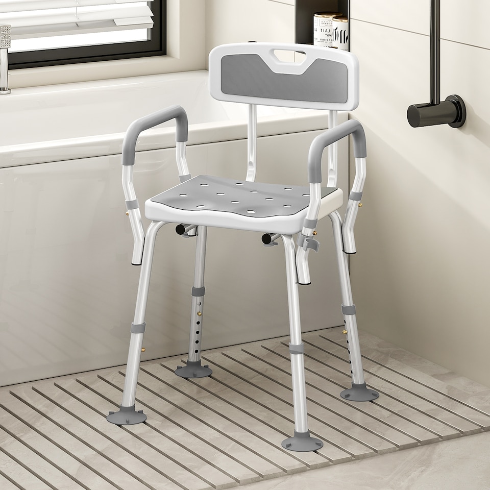 image 1 of HOMCOM Padded Shower Stool with Arms and Back, 4 Suction Foot Pads, Grey | Grey