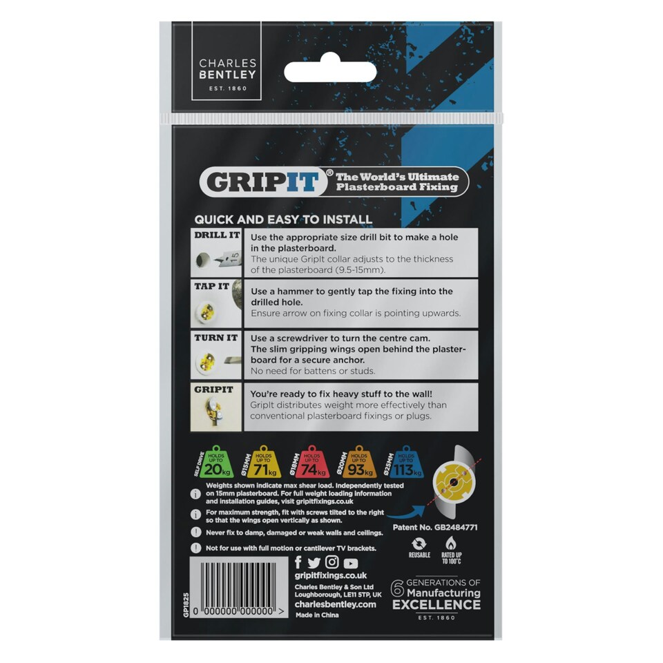 image 1 of Gripit 15mm Plasterboard Fixing Stud Wall Anchor Max 71kg - Yellow - 25 Pack