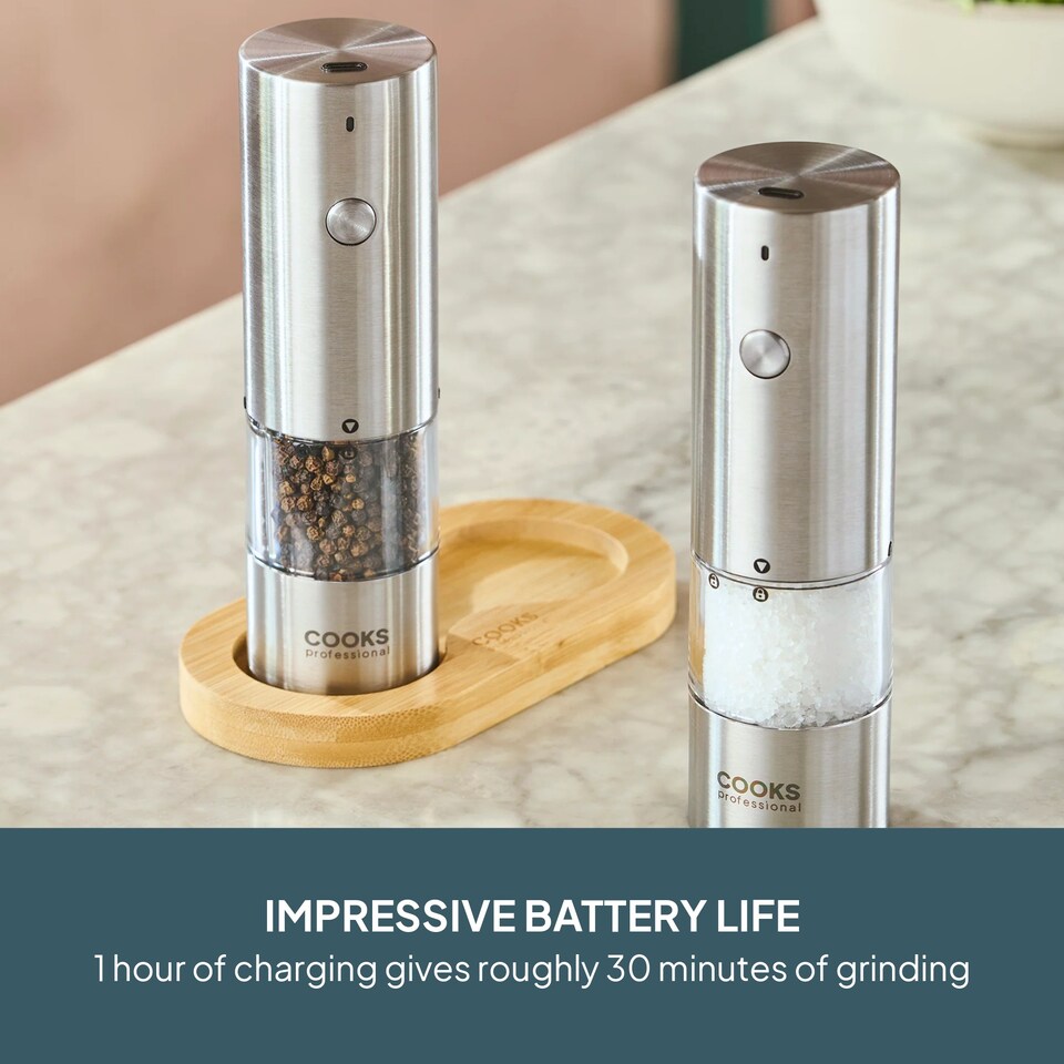 image 1 of Cooks Professional Rechargeable Salt and Pepper Mill Set with Bamboo Base