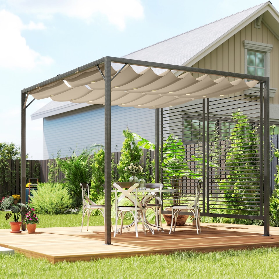 image 1 of Outsunny 2.8 x 3m Metal Outdoor Pergola with Retractable Roof, Outdoor Gazebo Canopy Shelter with Grommet Holes for Garden, Patio, Lawn, Beige