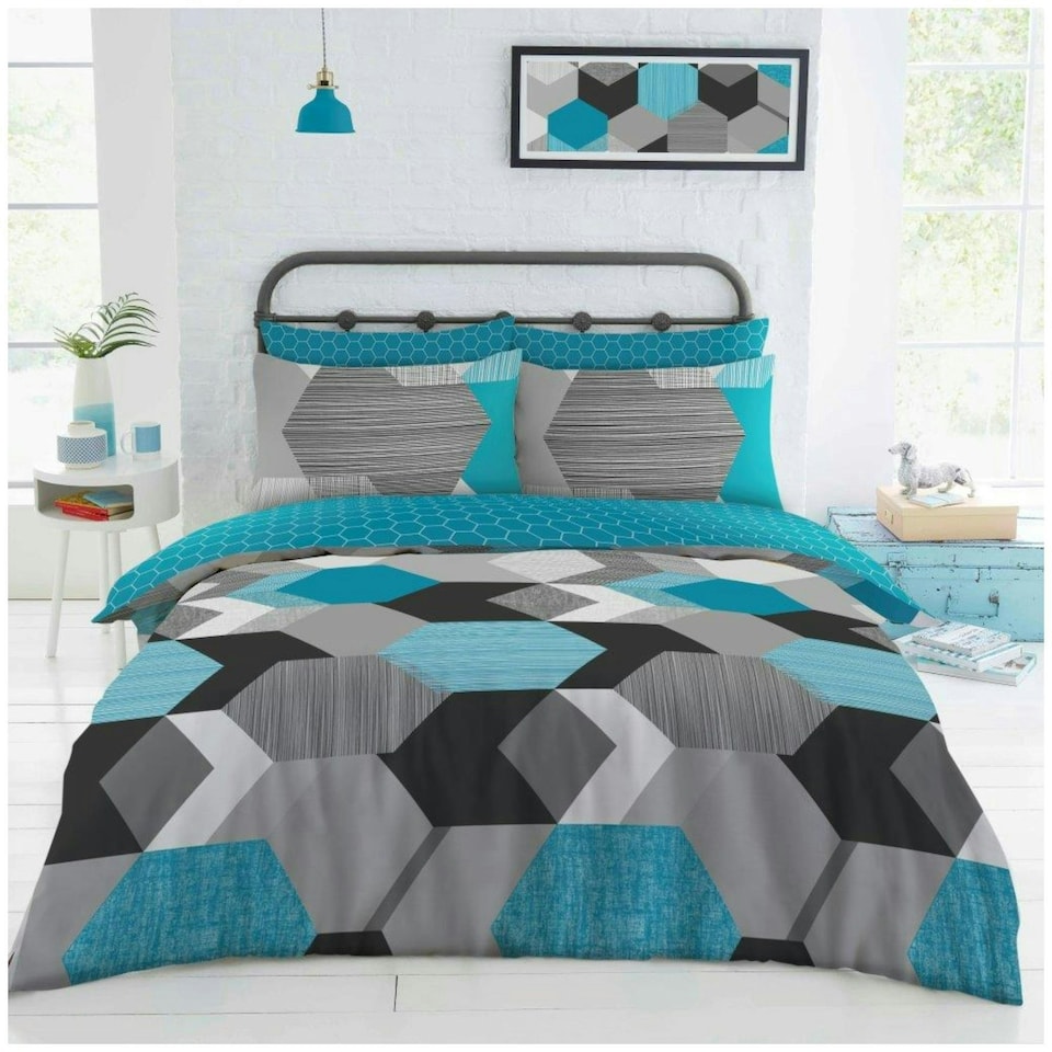 image 1 of VELVETIO Jake Complete Duvet Cover Set with Fitted Sheet Soft Printed Bedding Bedset Blue | King