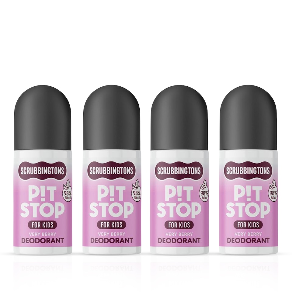 image 1 of Scrubbingtons Pit Stop Kids Deodorant Natural Roll On For Children, Teens Natural Ingredients For Sensitive Skin Paediatrician approved, Aluminium & Alcohol Free, Very Berry 75ml x 4 | White | White | 4