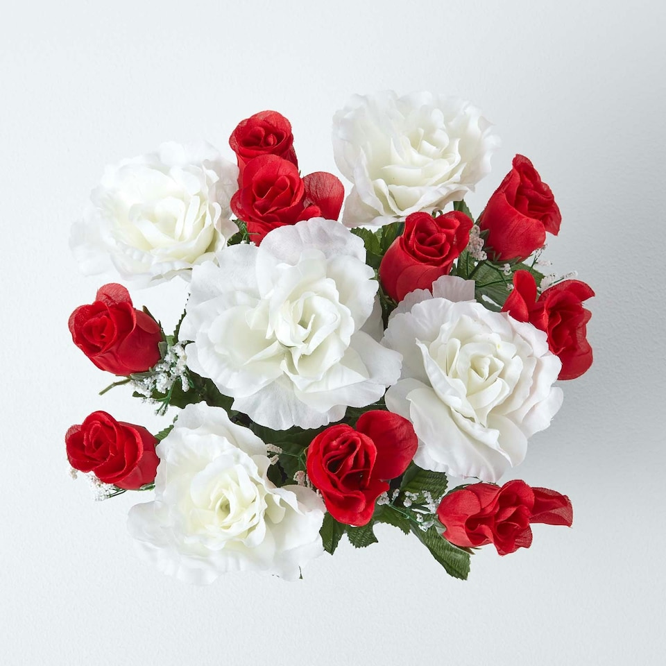 image 1 of Homescapes Set of 2 Red & White Roses & Lilies Artificial Flowers in Grave Vases