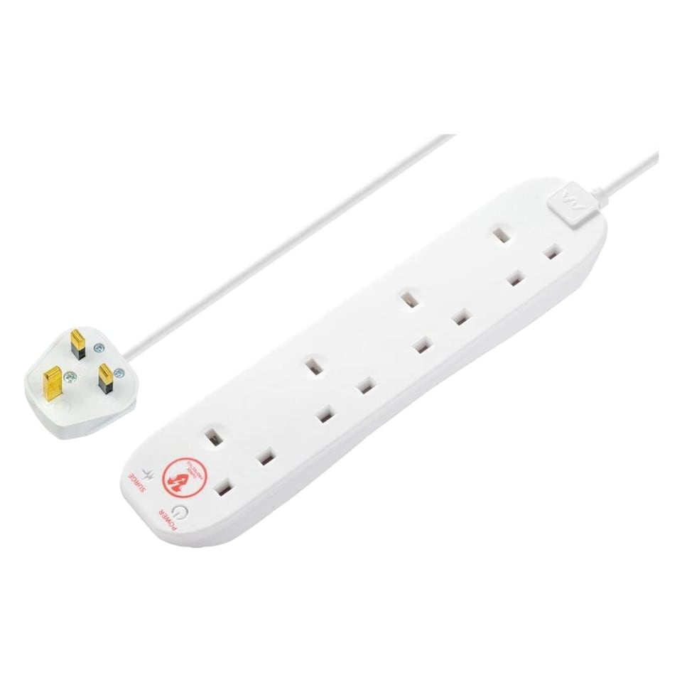 image 1 of Masterplug 4 Socket Surge Protected Extension Lead 2 Metre Cable 13A Wall Mount Power Strip White