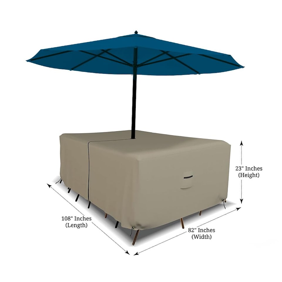 image 1 of Covers&All Rectangle Table & Chair Set Cover, Umbrella Hole, 12 Oz Waterproof UV & Weather Resistant, 108 in L x 82 in W x 23 in H, Beige