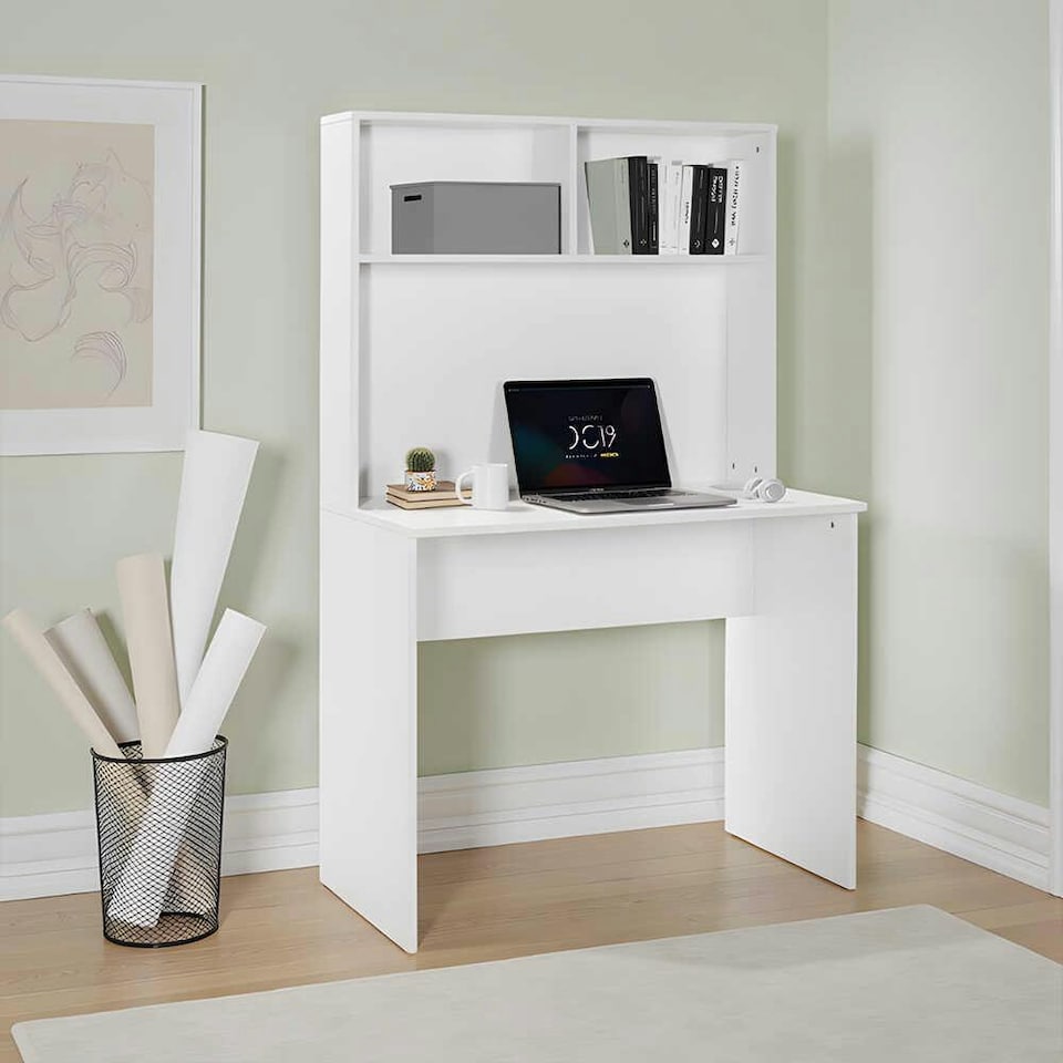 image 1 of Adore Matt White Study Desk with Storage Hutch White