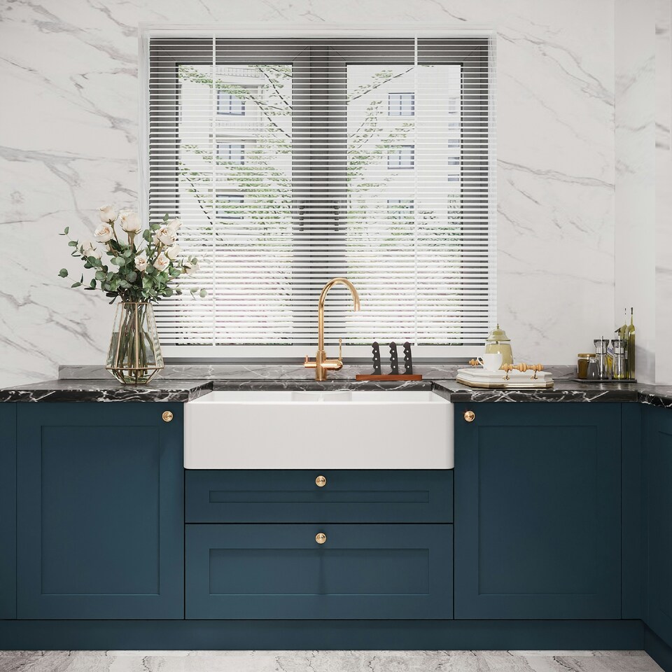 image 1 of 795mm - Double Bowl Fireclay Butler Kitchen Sink - Stepped Weir, Tap Ledge  & Wastes