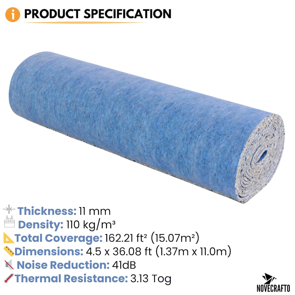 image 1 of NOVECRAFTO Carpet Underlay – 11mm Thick High-Density PU Foam Roll for Bedroom, Living Room & Stairs – Soft, Comfortable, Heat & Sound Insulating Blue | 5 sqm