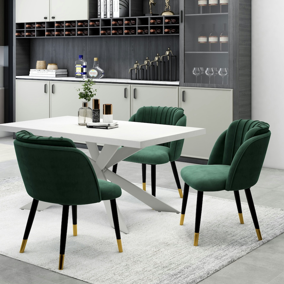 image 1 of Set of 4 Milano Velvet Dining Chairs with Stylish Ribbed Back Design, Black Metal Legs with Silver Tips | Green | Gold End Tips