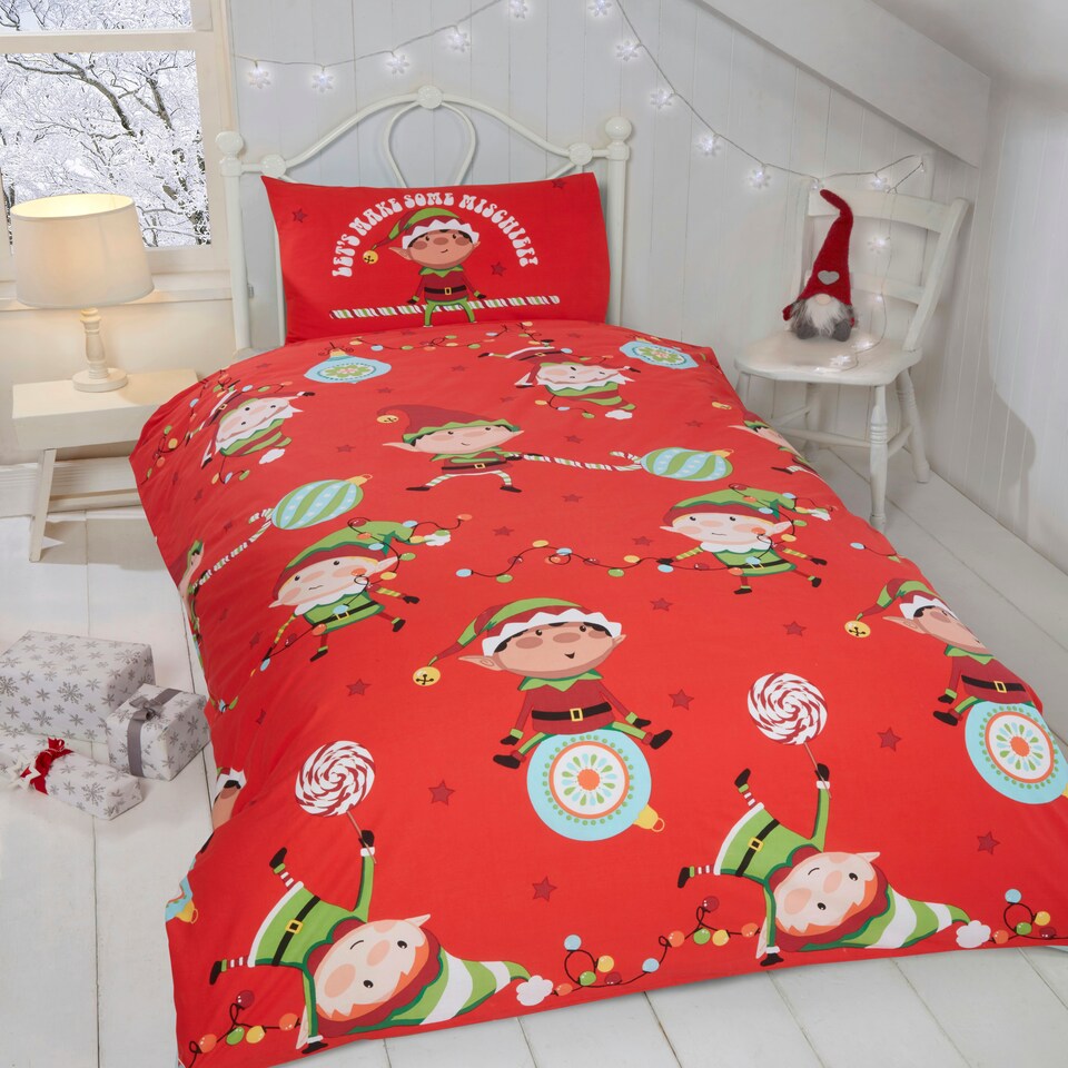 image 1 of Naughty Elves Christmas Polycotton Kids Duvet Cover Set With Pillowcase Red | Single