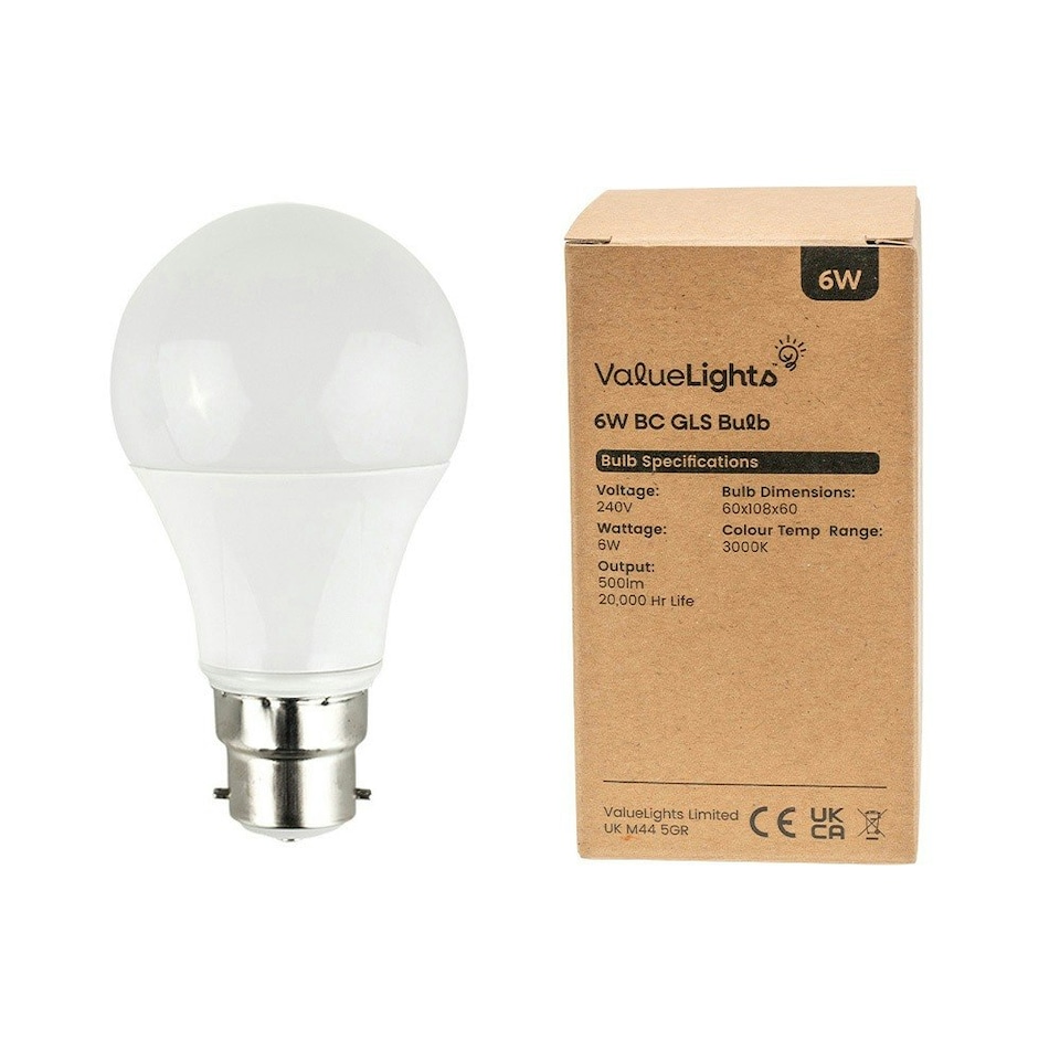 image 1 of ValueLights 10 Pack B22 White Plastic GLS LED 6W Warm White 3000K 500lm Light Bulb