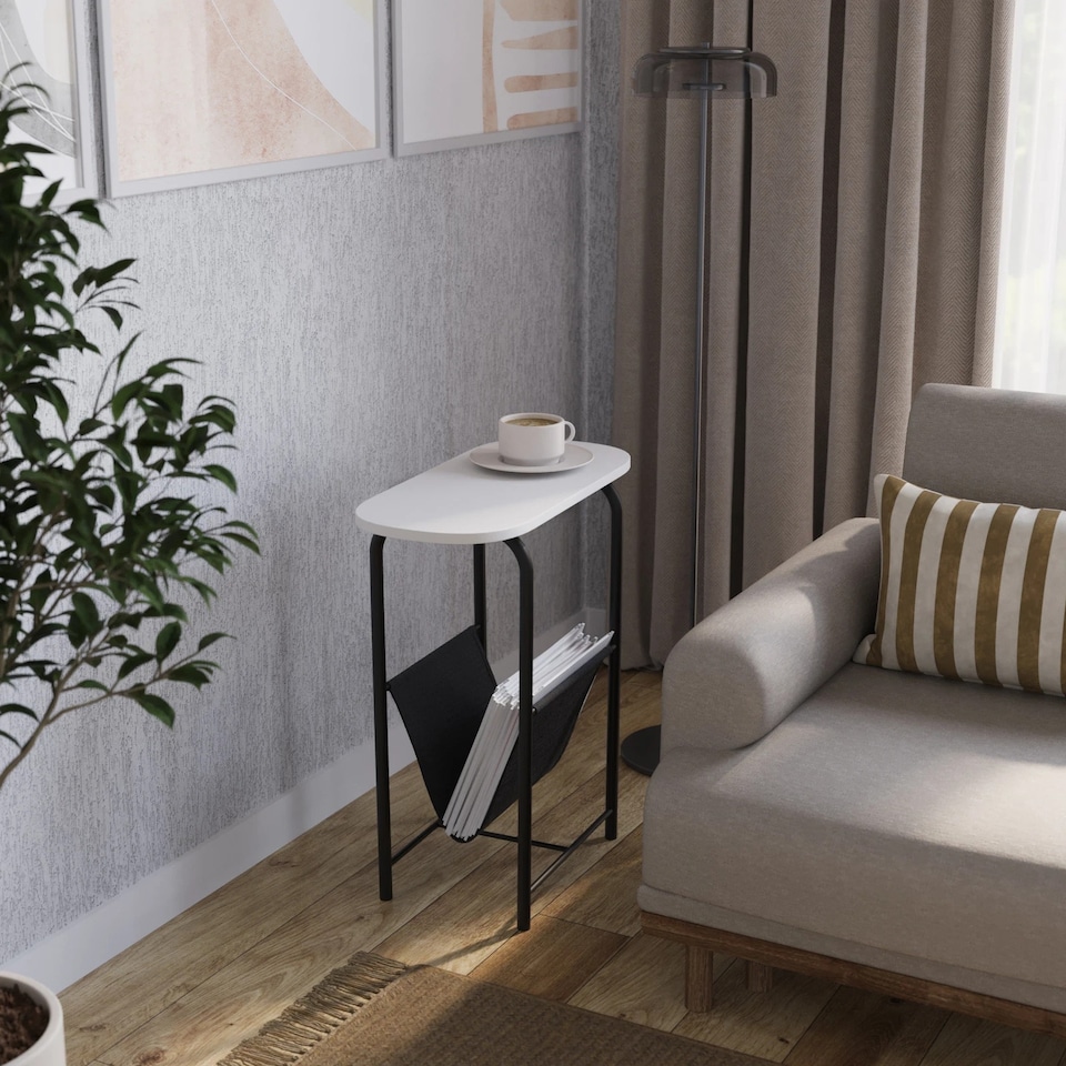 image 1 of Slim Oval Side End Table with Magazine Holder Sling Rack Coffee Snacks Newspapers | Multi | White