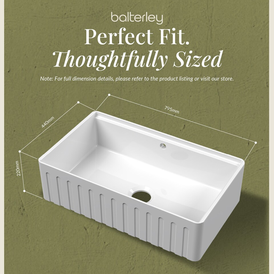 image 1 of Balterley Fireclay Single Bowl Fluted Front Kitchen Sink with Ledge and Overflow - Balterley | White | White | 220.0000 x 795.0000 x 460.0000mm | 1