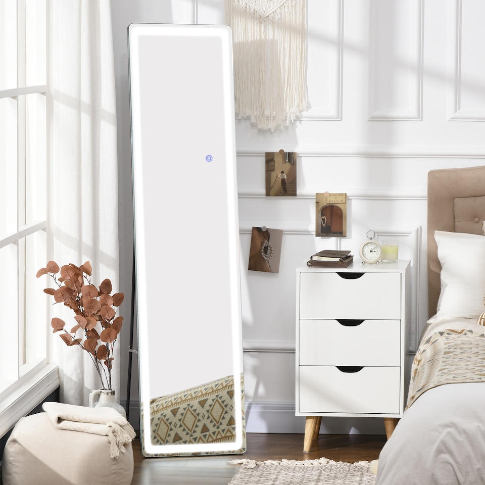 image 1 of HOMCOM Full-Length Mirror, 160  40 cm, Wall Mounted, Freestanding Floor Mirror with LED Lights and Remote Control, Dimming 3 Colour Modes, for Bedroom, Black