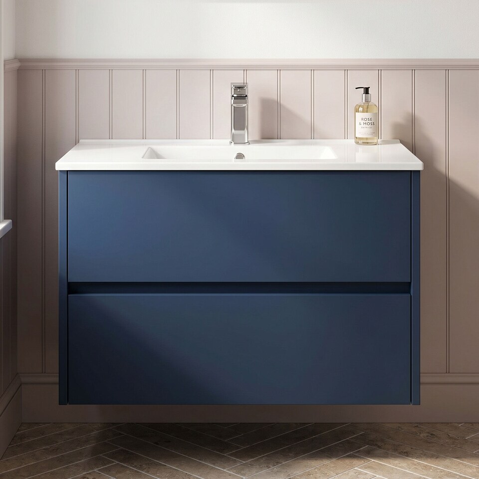 image 1 of Balterley Chartley Contemporary 2 Drawer Wall Hung Vanity Unit with Minimalist Basin, Midnight Blue, 800mm