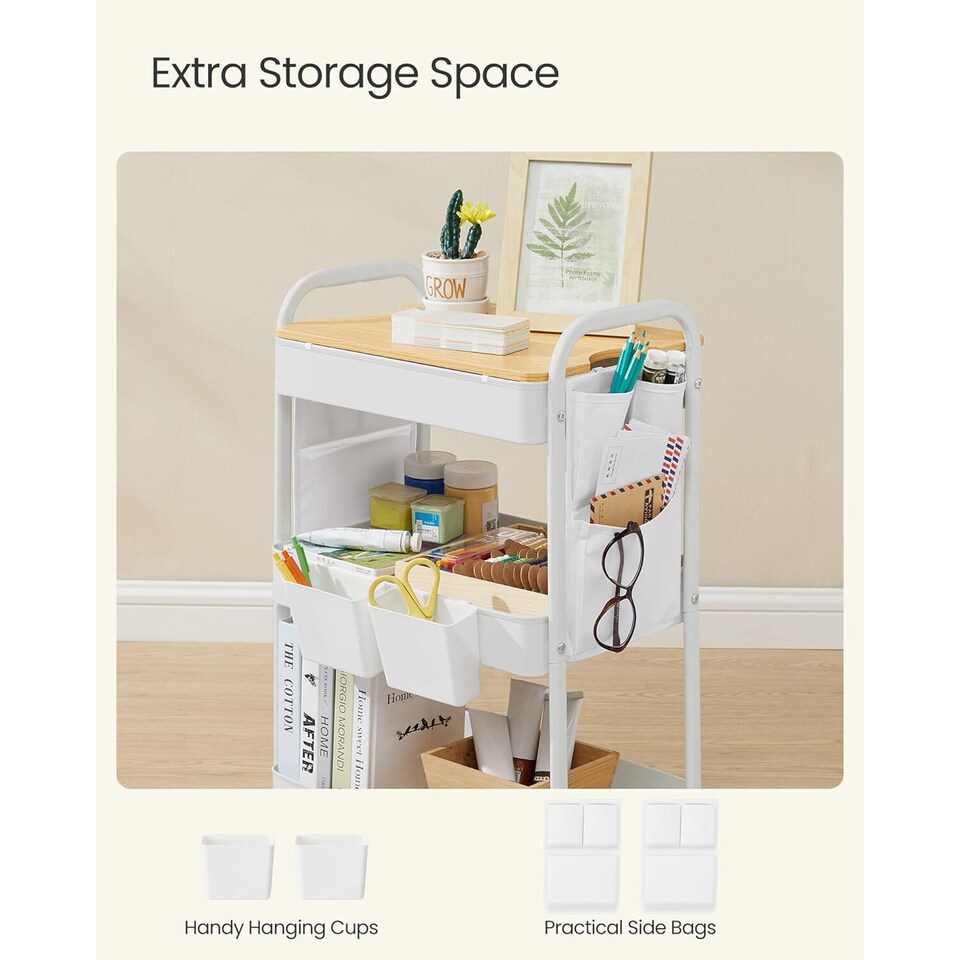 image 1 of 3-Tier Rolling Trolley, Utility Cart with Tabletop, Side Pockets, for Kitchen, Office or Bathroom, Cloud White