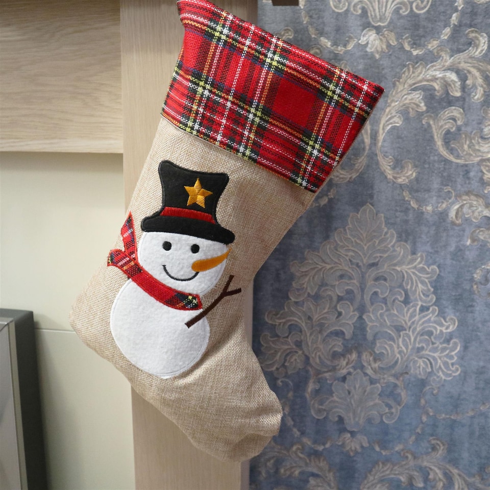 image 1 of Snowman Design Christmas Stocking  Fun Character Stocking for Fireplace & Christmas Home Decor