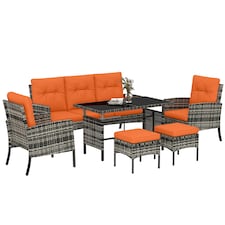 Outsunny 6 Pieces Rattan Garden Furniture Sofa Set with Cushions, Orange | Orange | Orange