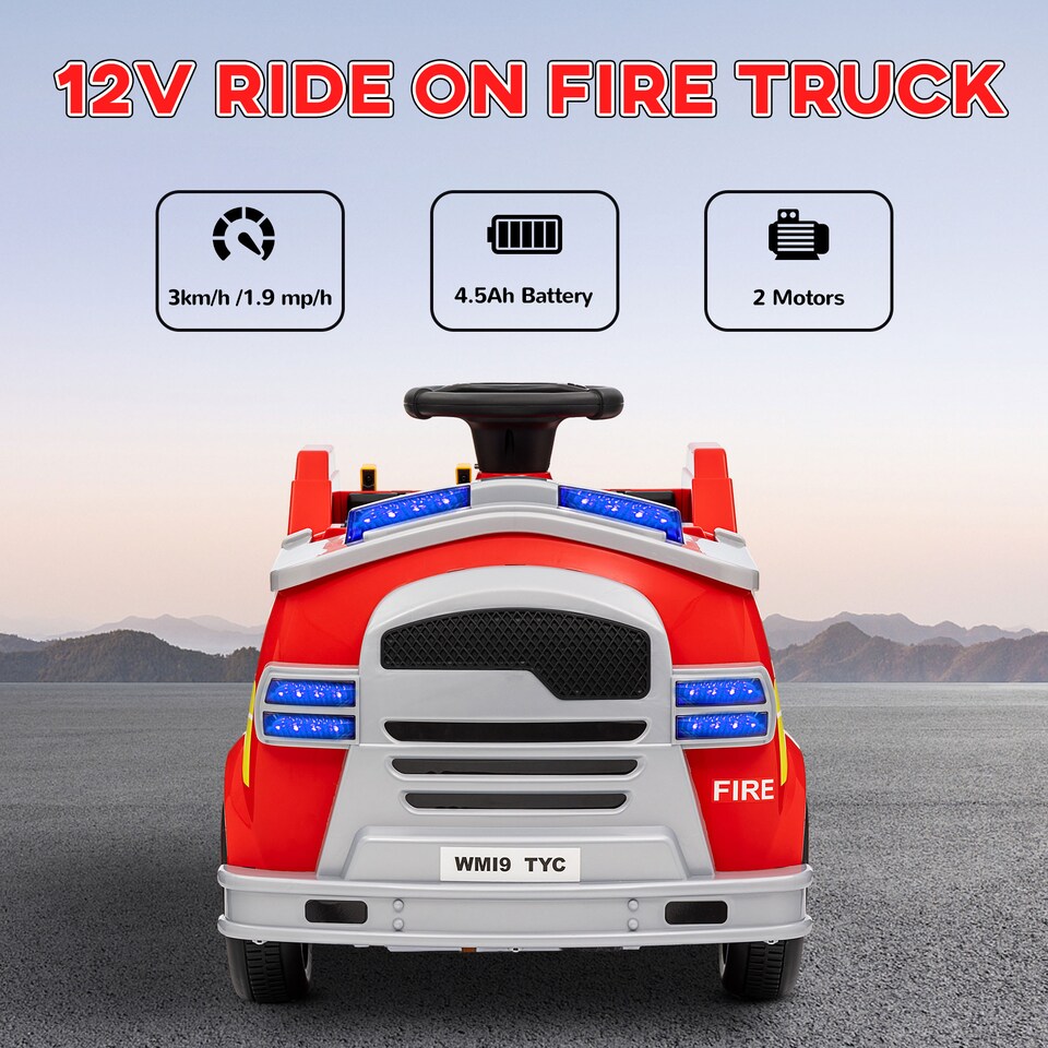 image 1 of AIYAPLAY Ride on Fire Truck, 12V Kids Electric Car with Sirens, Flashing Lights, Firefighting Tools, Music, Horn, Slow Start, Gift for Boys and Girls, Red