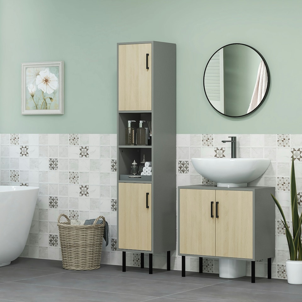 image 1 of kleankin Tall Bathroom Storage Cabinet, Slim Floor Cabinet for Living Room