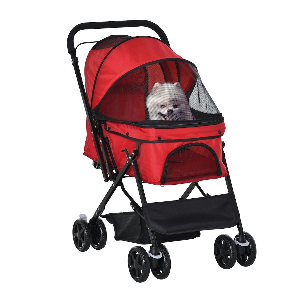 image 1 of PawHut Pet Stroller Dog Foldable Travel Carriage with Reversible Handle, Red