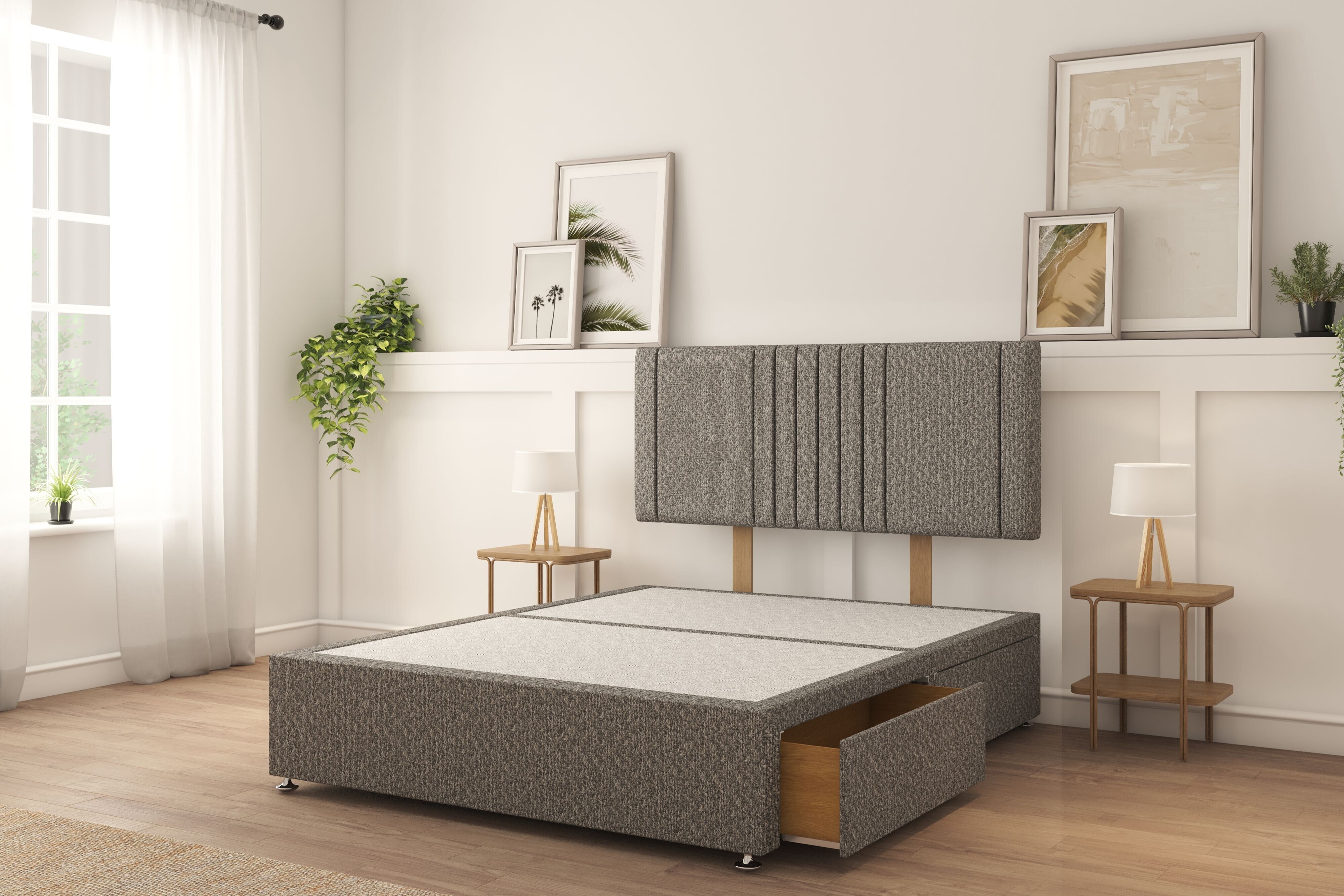 Sloomy Langston Pewter Tweed Divan Bed Base 2 Drawers Same Side With 26" Strutted Headboard 4'6 Double